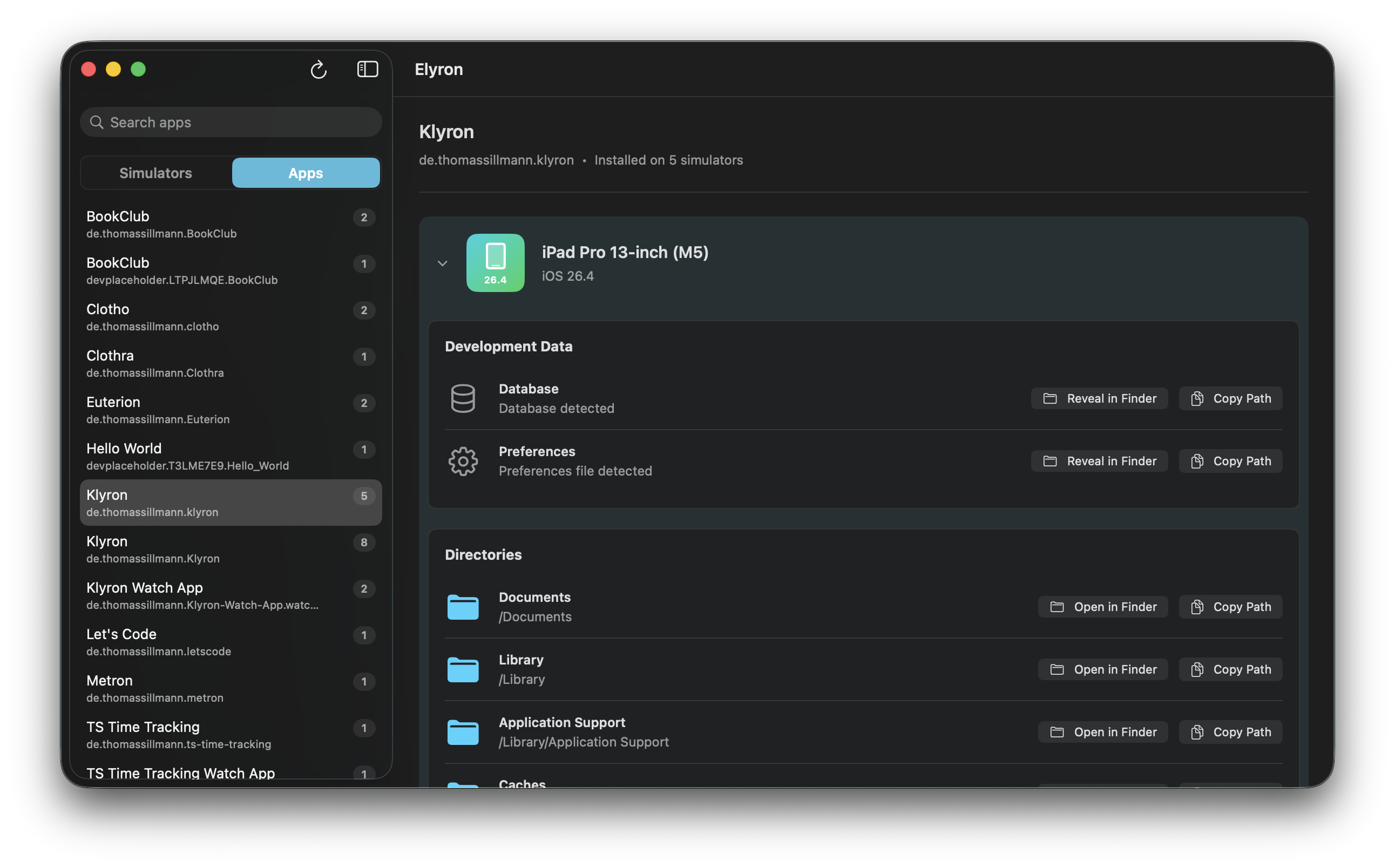 Elyron 1.1.0 gibt einen genauen Überblick über die Development Data einer App.