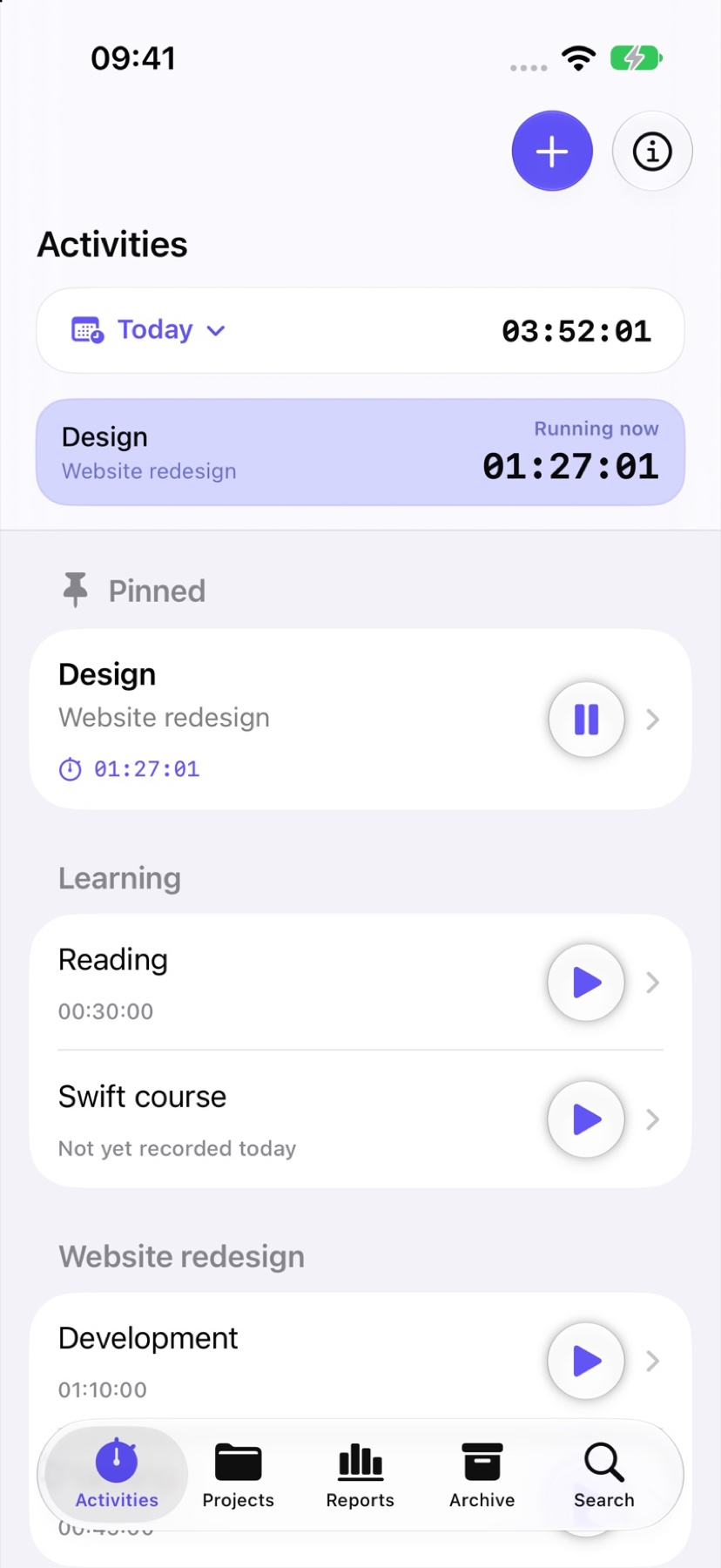 Original-Screenshot: Zeiterfassung mit Klyron auf dem iPhone
